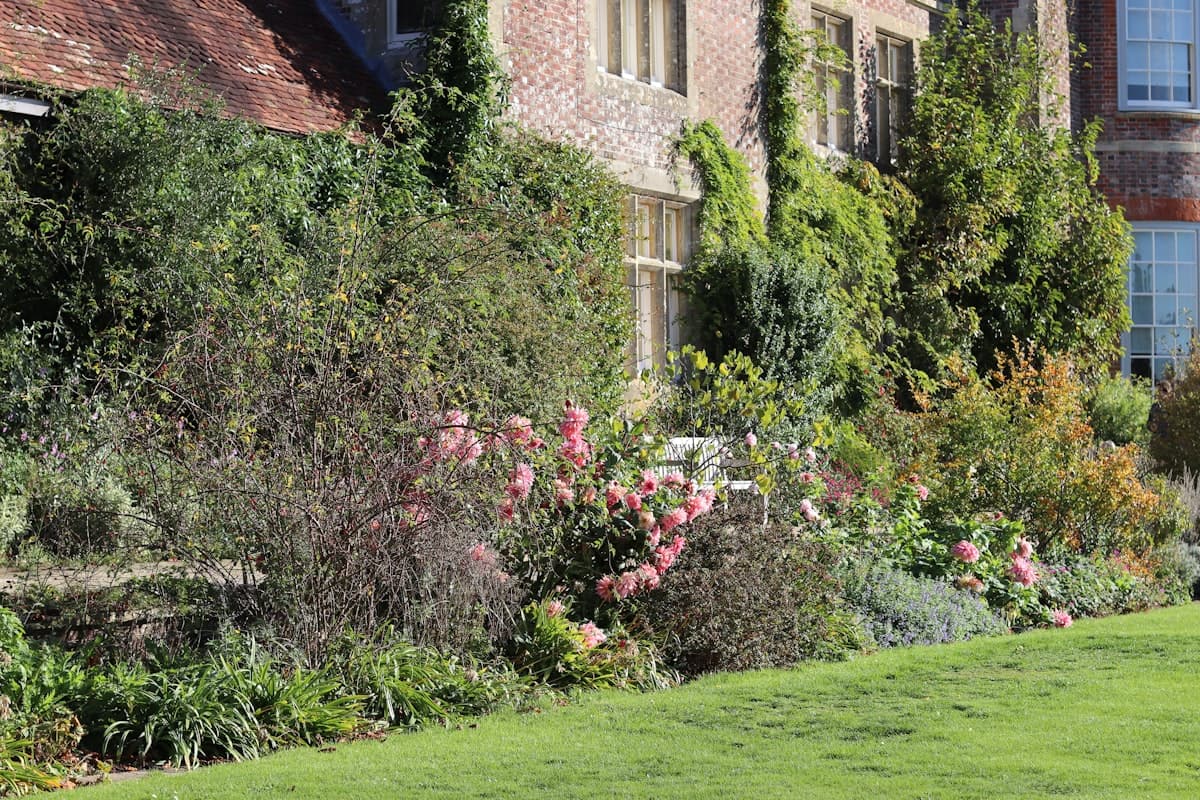 A flower border in full bloom with a white garden bench beside a brick house